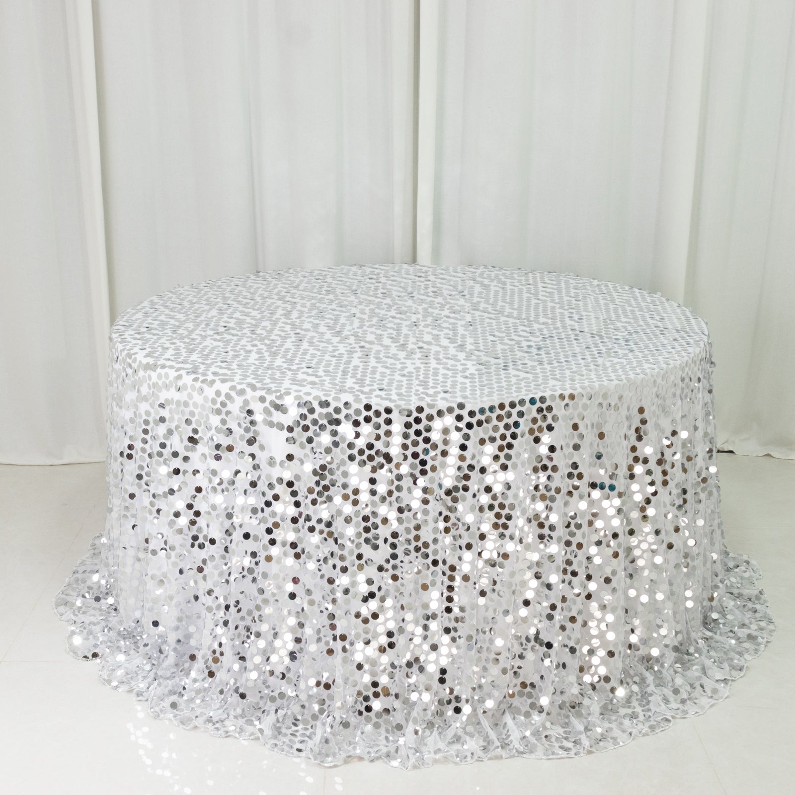 Sequin 132" Round Tablecloth Silver - Big Payette Table Cover - Bell Racket Store
