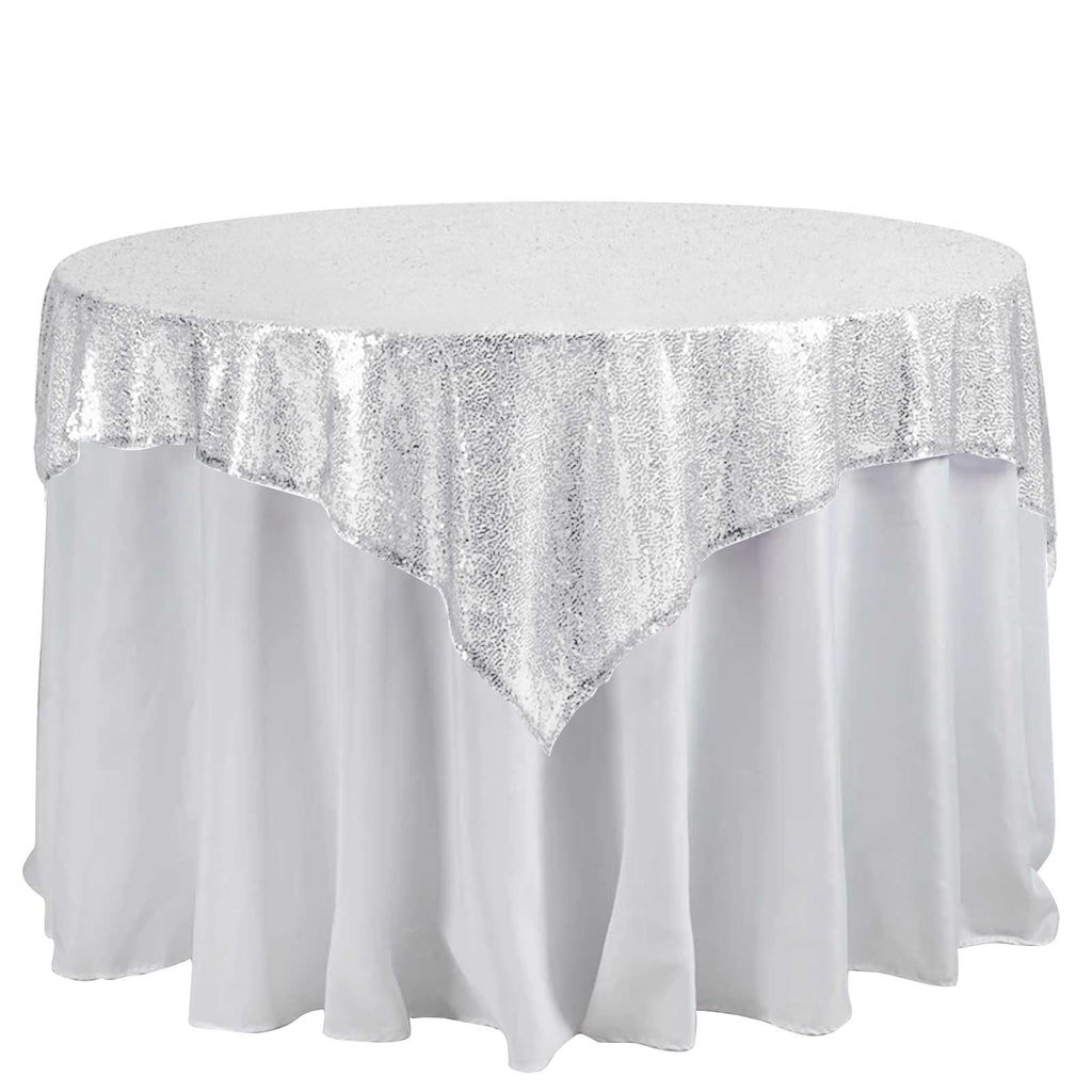 Sequin 60"x60" Table Overlay Square Tablecloth Silver - Luxe Wedding Table Topper