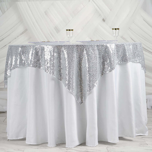 Sequin 60"x60" Table Overlay Square Tablecloth Silver - Luxe Wedding Table Topper - NestOCart