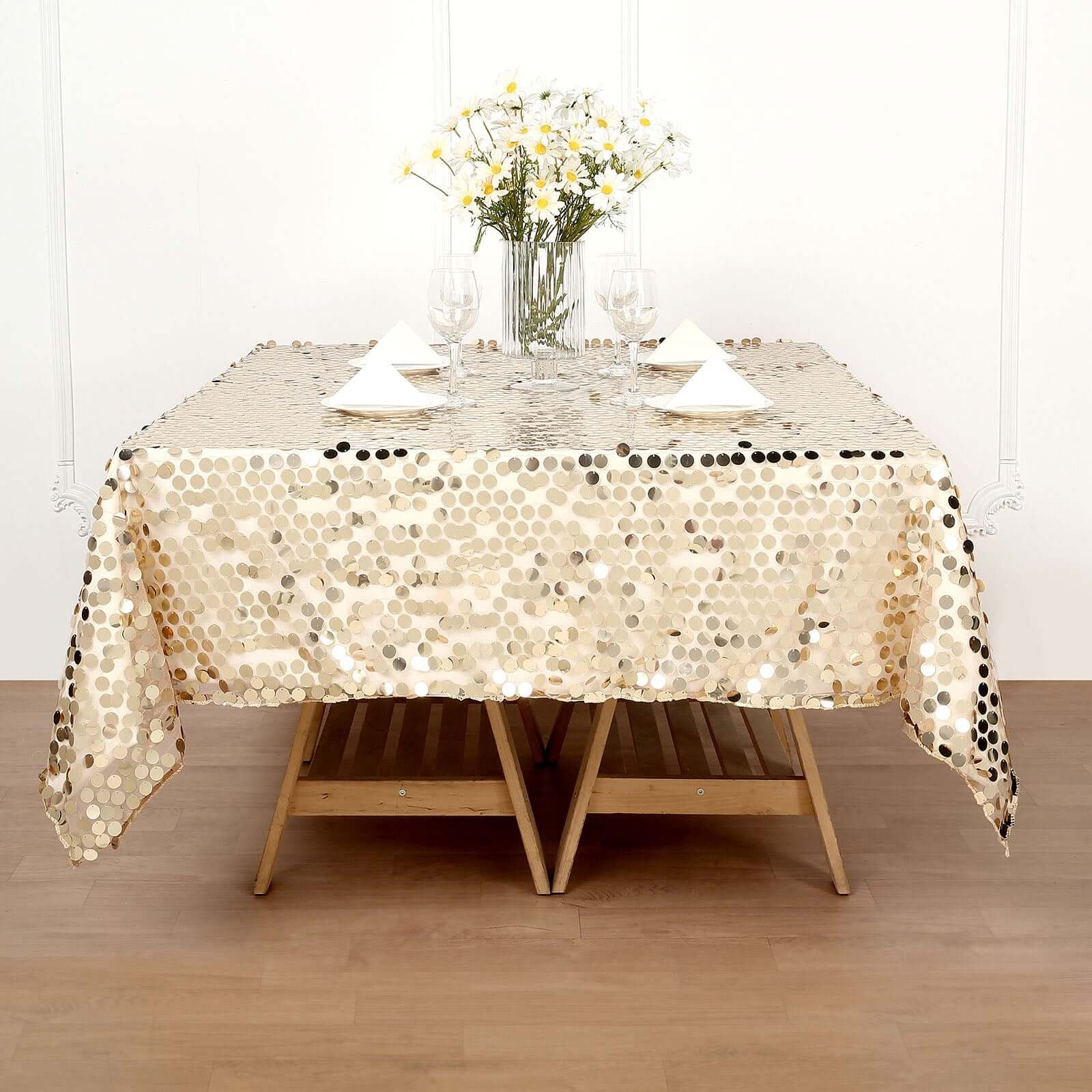 Sequin 72"x72" Table Overlay Square Tablecloth Champagne - Big Payette Table Cover - NestOCart