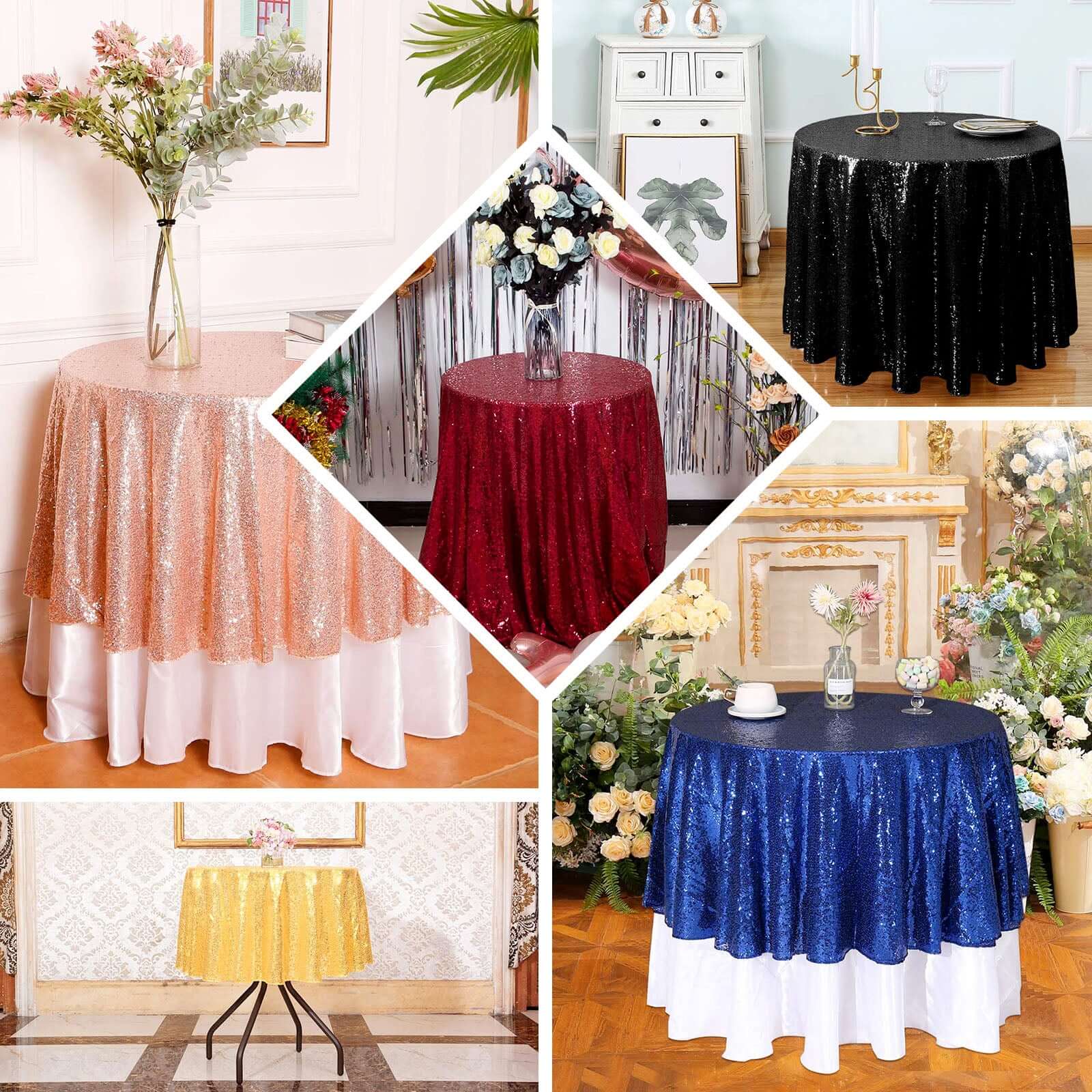 Sequin 90" Round Tablecloth Gold - Glittering Decor for Special Events - NestOCart