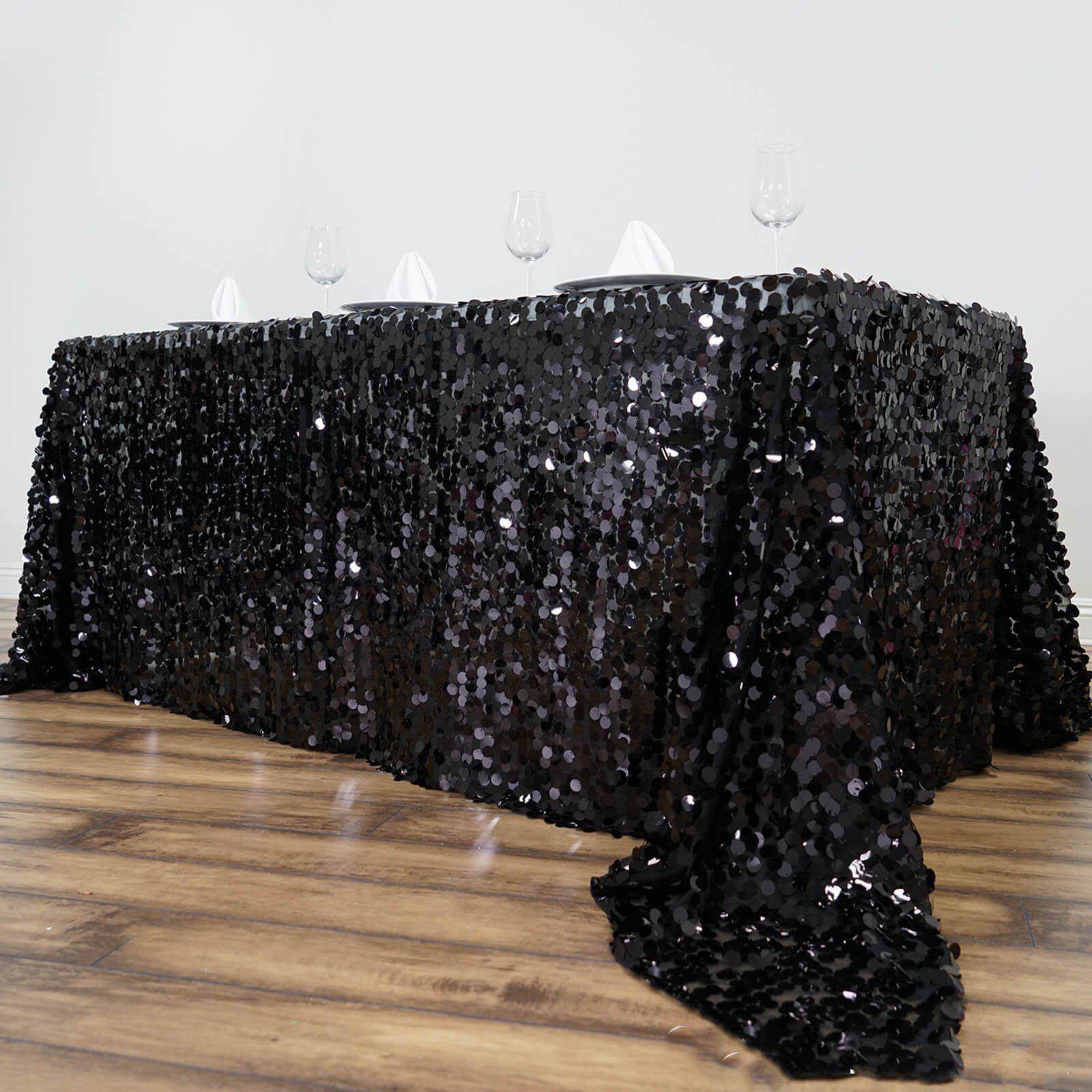 Sequin 90"x132" Rectangle Tablecloth Black - Seamless Big Payette Design for Sophisticated Occasions - NestOCart