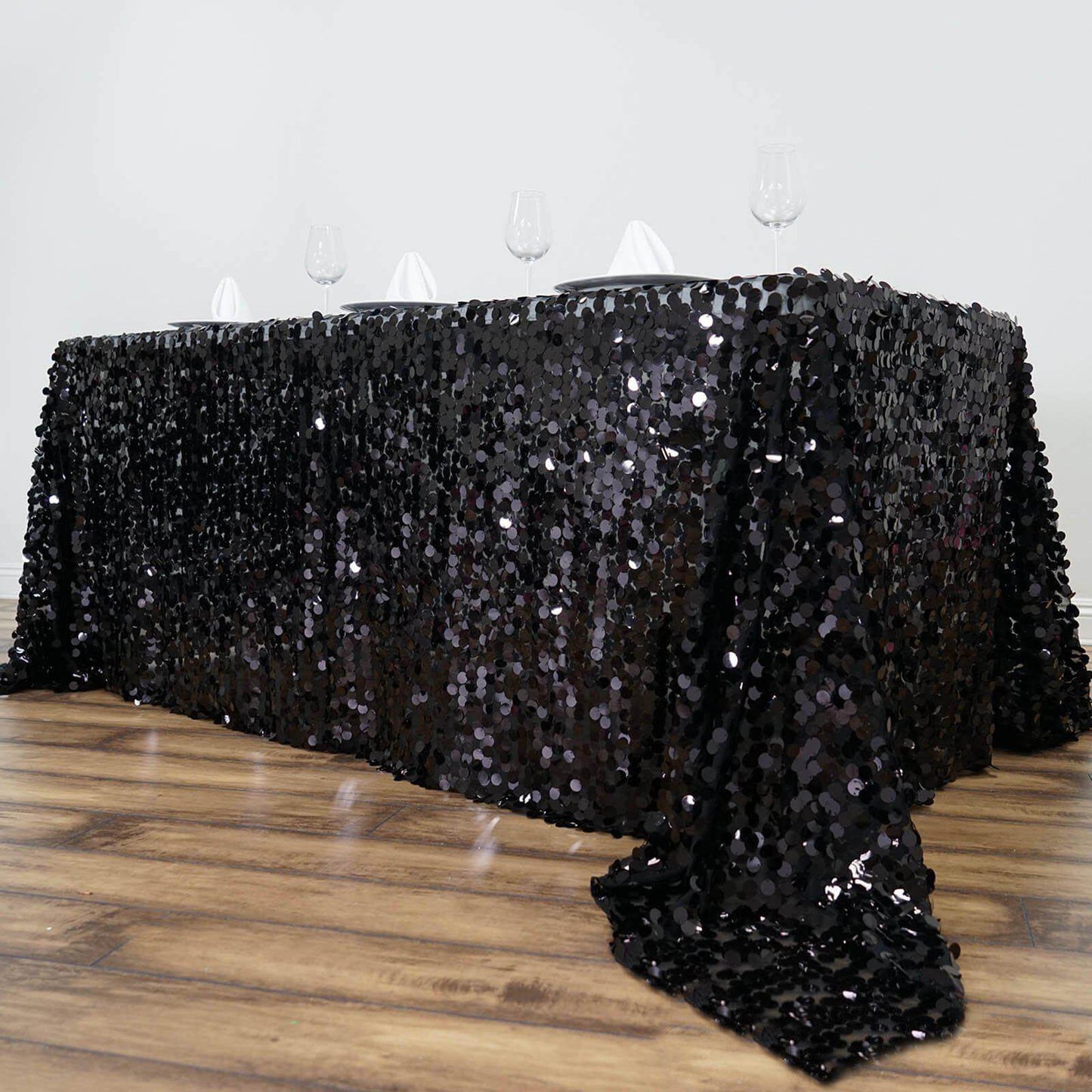 Sequin 90"x132" Rectangle Tablecloth Black - Seamless Big Payette Design for Sophisticated Occasions - NestOCart