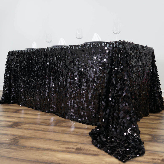 Sequin 90"x132" Rectangle Tablecloth Black - Seamless Big Payette Design for Sophisticated Occasions - NestOCart