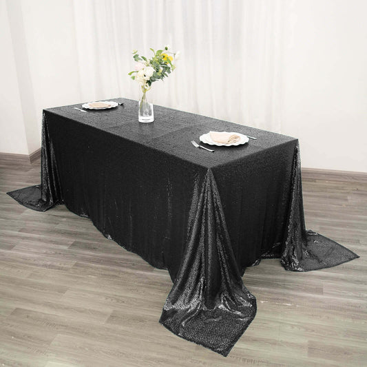 Sequin 90"x132" Rectangle Tablecloth Black - Seamless Sparkly Design for Luxe Occasions - NestOCart