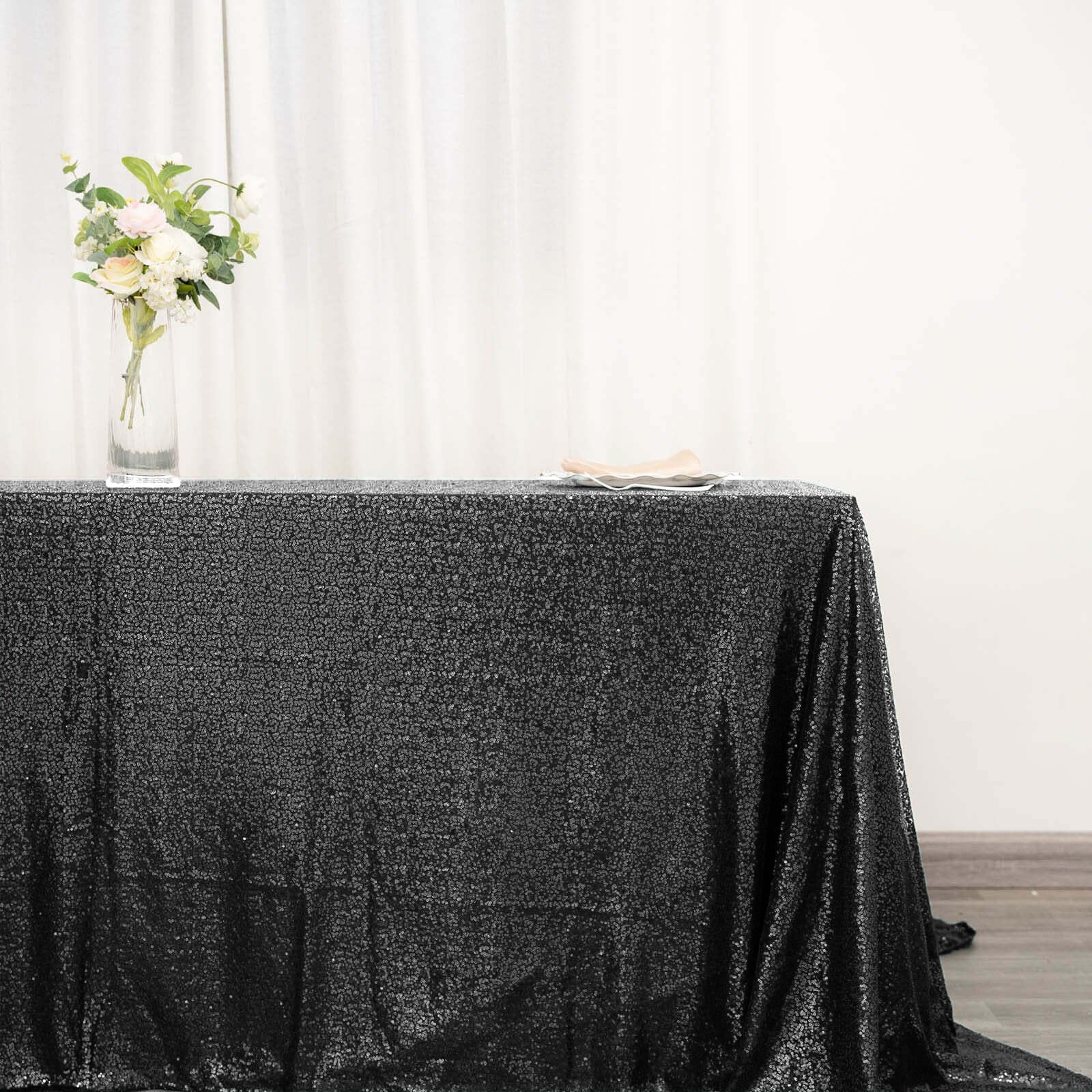 Sequin 90"x132" Rectangle Tablecloth Black - Seamless Sparkly Design for Luxe Occasions - NestOCart