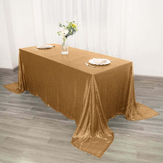 Sequin 90"x132" Rectangle Tablecloth Gold - Seamless Sparkly Design for Luxe Occasions - NestOCart