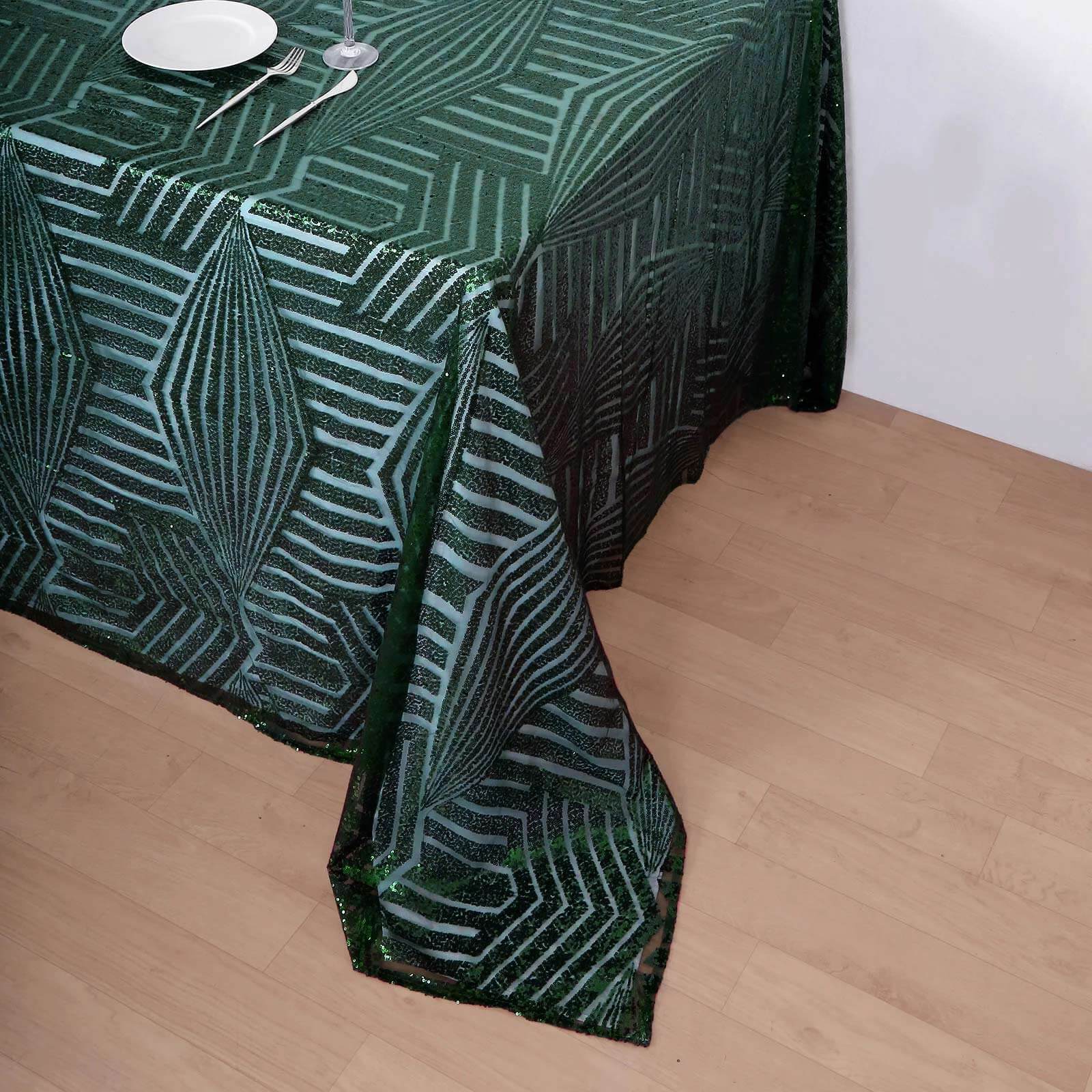 Sequin 90"x132" Rectangle Tablecloth Hunter Emerald Green - Seamless Diamond Table Cover - Bell Racket Store