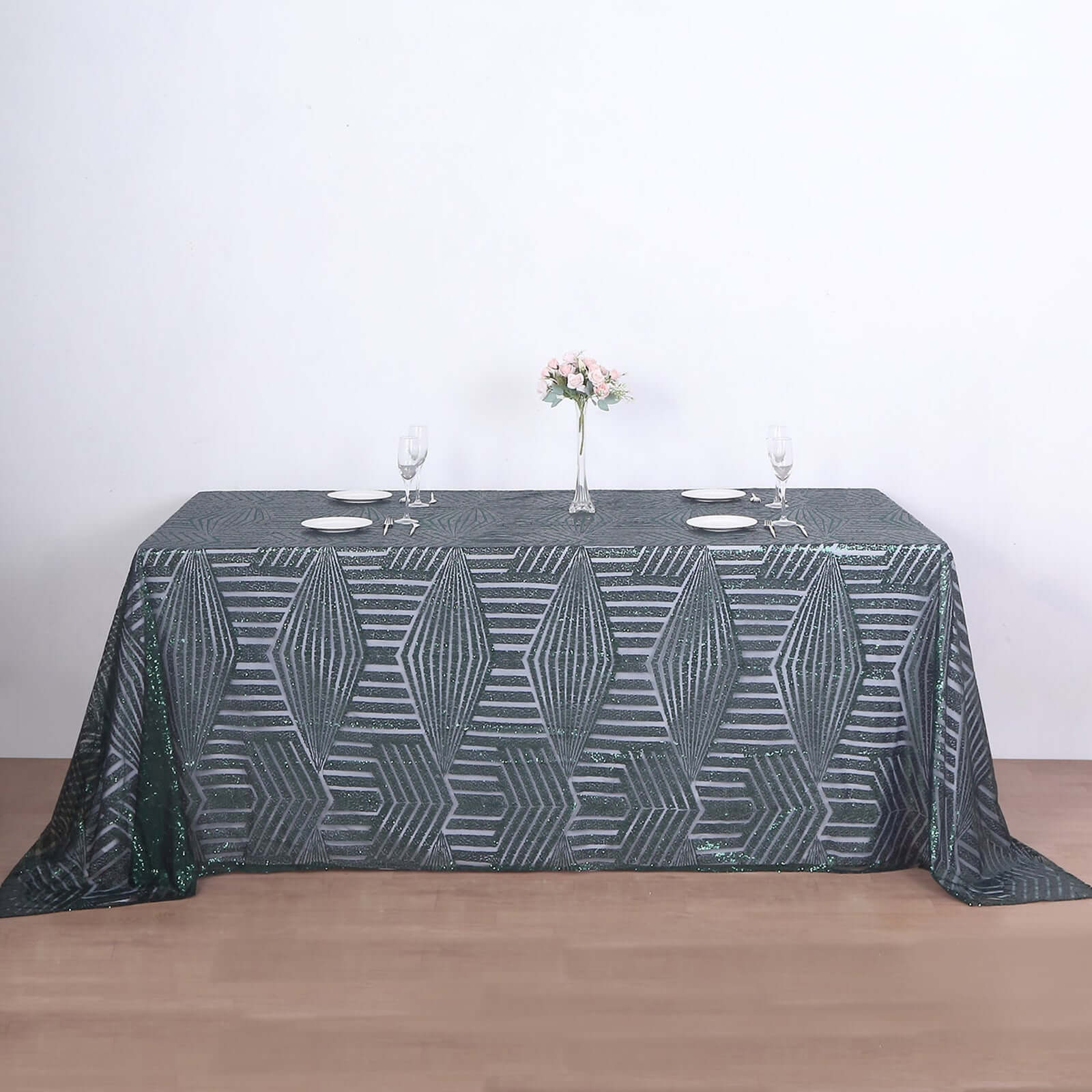 Sequin 90"x132" Rectangle Tablecloth Hunter Emerald Green - Seamless Diamond Table Cover - Bell Racket Store