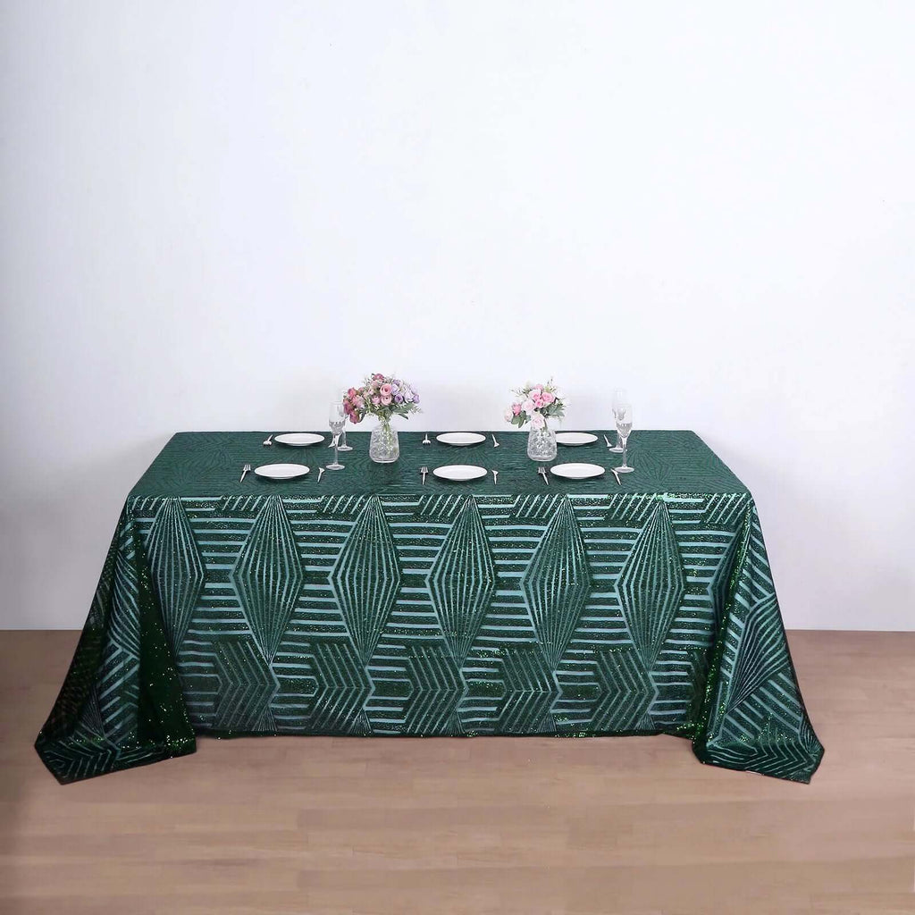 Sequin 90"x132" Rectangle Tablecloth Hunter Emerald Green - Seamless Diamond Table Cover - Bell Racket Store