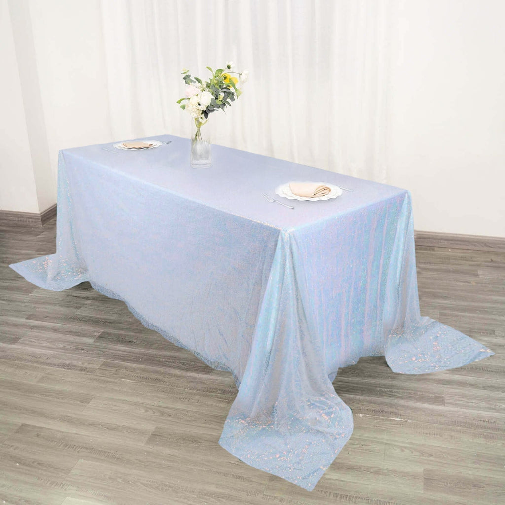 Sequin 90"x132" Rectangle Tablecloth Iridescent Blue - Seamless Sparkly Table Cover - Bell Racket Store