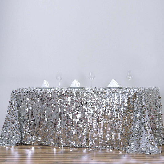 Sequin 90"x156" Rectangle Tablecloth Silver - Seamless Big Payette Table Cover - NestOCart