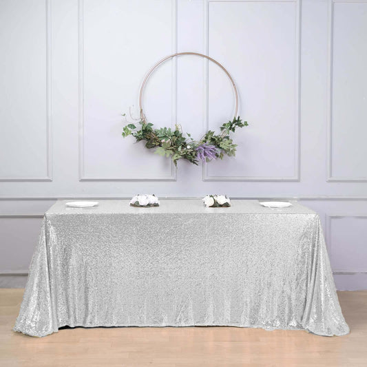 Sequin 90"x156" Rectangle Tablecloth Silver - Seamless Twinkling Table Cover - NestOCart