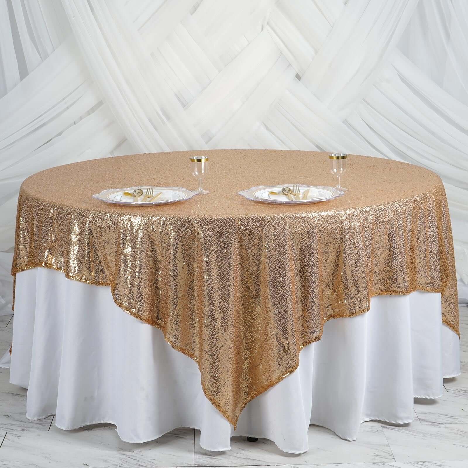 Sequin 90"x90" Table Overlay Square Tablecloth Gold - Sparkly Design for Stylish Celebrations - NestOCart