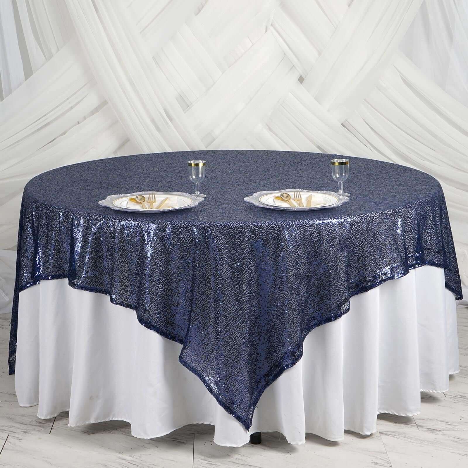 Sequin 90"x90" Table Overlay Square Tablecloth Navy Blue - Sparkly Table Cover - NestOCart