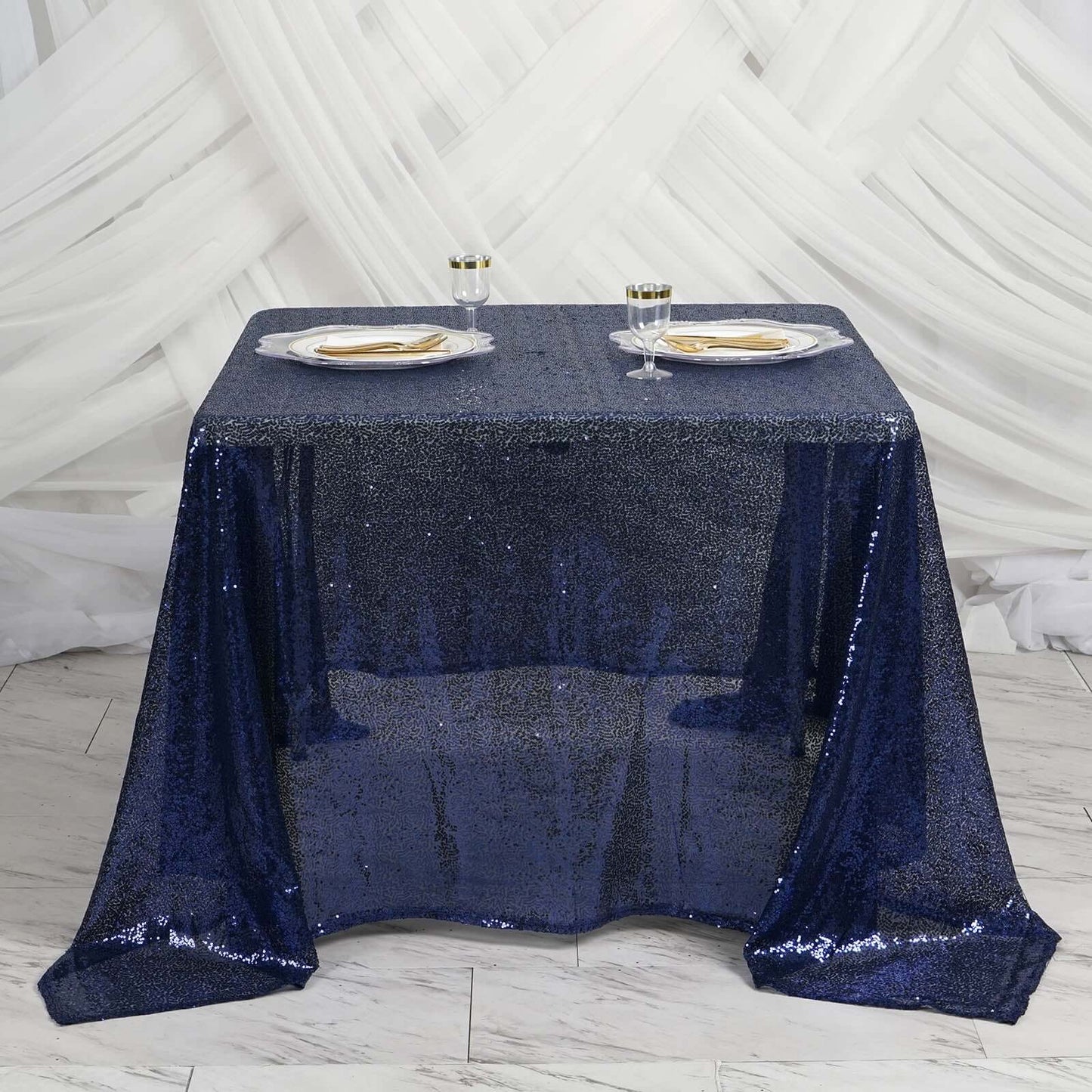 Sequin 90"x90" Table Overlay Square Tablecloth Navy Blue - Sparkly Table Cover - NestOCart