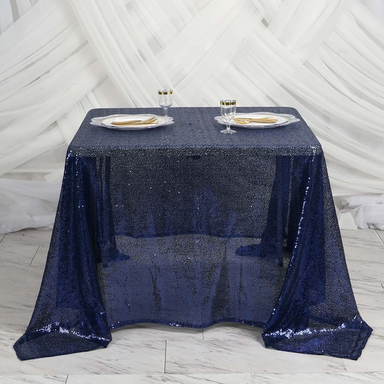 Sequin 90"x90" Table Overlay Square Tablecloth Navy Blue - Sparkly Table Cover - NestOCart