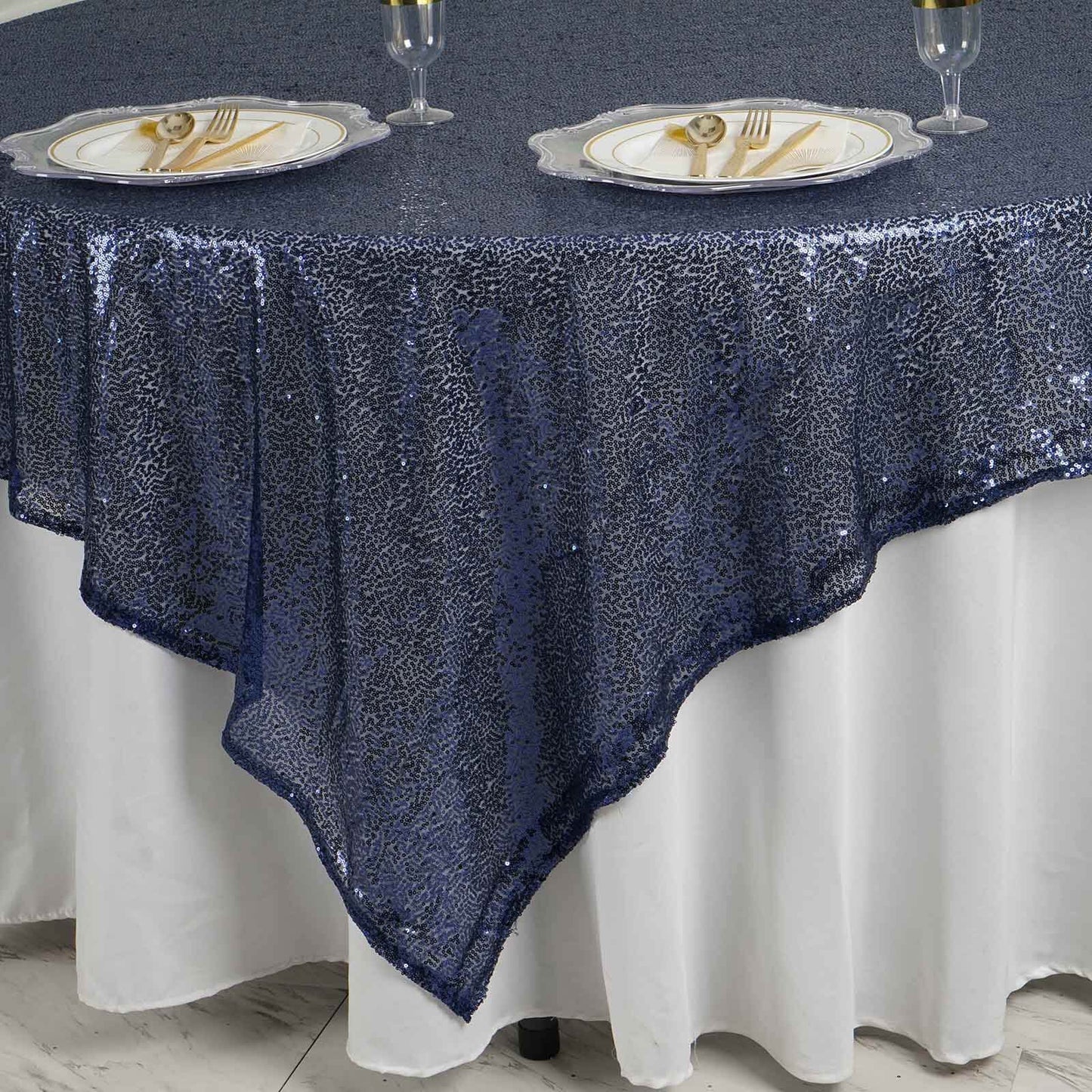 Sequin 90"x90" Table Overlay Square Tablecloth Navy Blue - Sparkly Table Cover - NestOCart