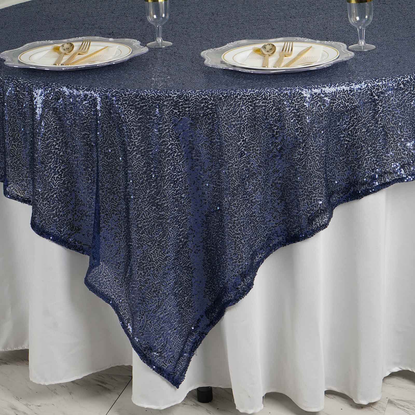 Sequin 90"x90" Table Overlay Square Tablecloth Navy Blue - Sparkly Table Cover - NestOCart