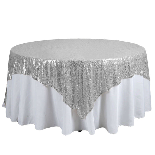 Sequin 90"x90" Table Overlay Square Tablecloth Silver - Sparkly Table Cover - NestOCart