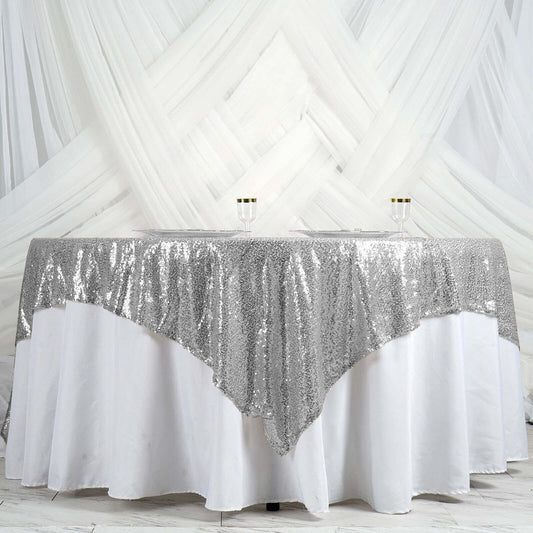 Sequin 90"x90" Table Overlay Square Tablecloth Silver - Sparkly Table Cover - NestOCart