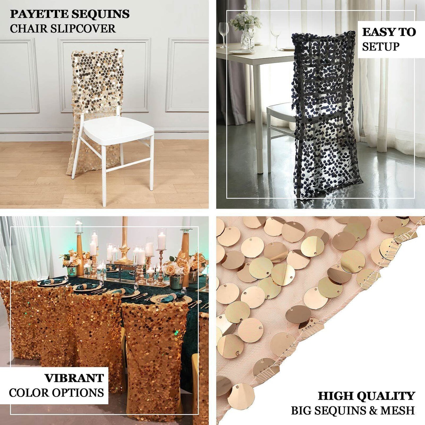 Sequin Chair Slipcover Big Payette Design for Chiavari Chairs Gold - Glittering Event Chair Back Cover - Bell Racket Store