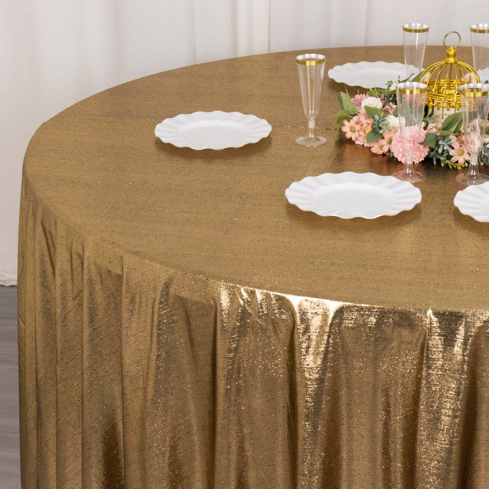 Sequin Dots Polyester Round 120" Tablecloth Shimmering Antique Gold - Wrinkle Free & Sparkling Table Cover - Bell Racket Store
