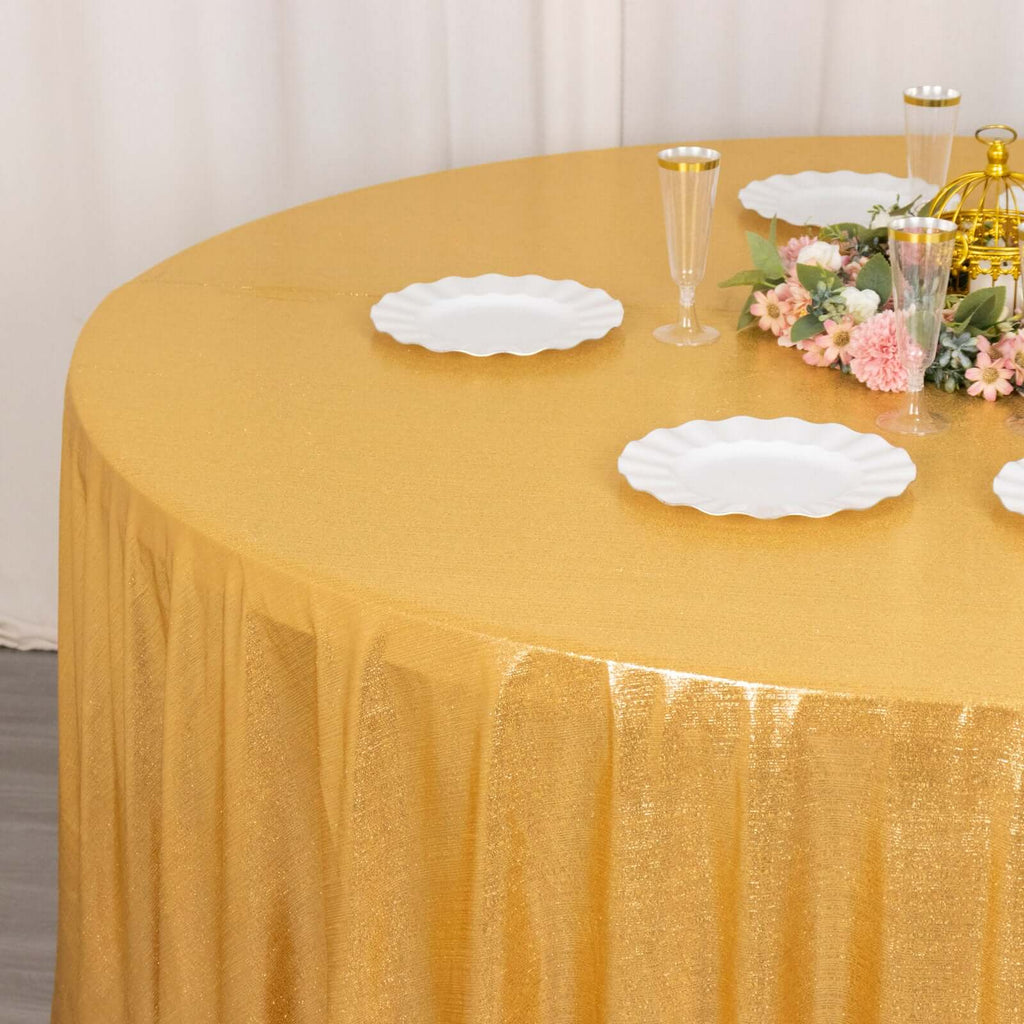 Sequin Dots Polyester Round 120" Tablecloth Shimmering Gold - Wrinkle Free & Sparkling Table Cover for Stylish Event Decor - Bell Racket Store