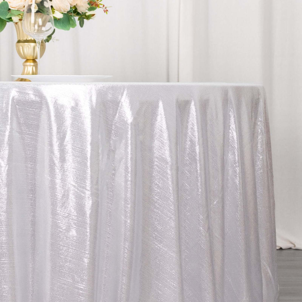 Sequin Dots Polyester Round 120" Tablecloth Shimmering Silver - Wrinkle Free & Sparkling Table Cover - Bell Racket Store