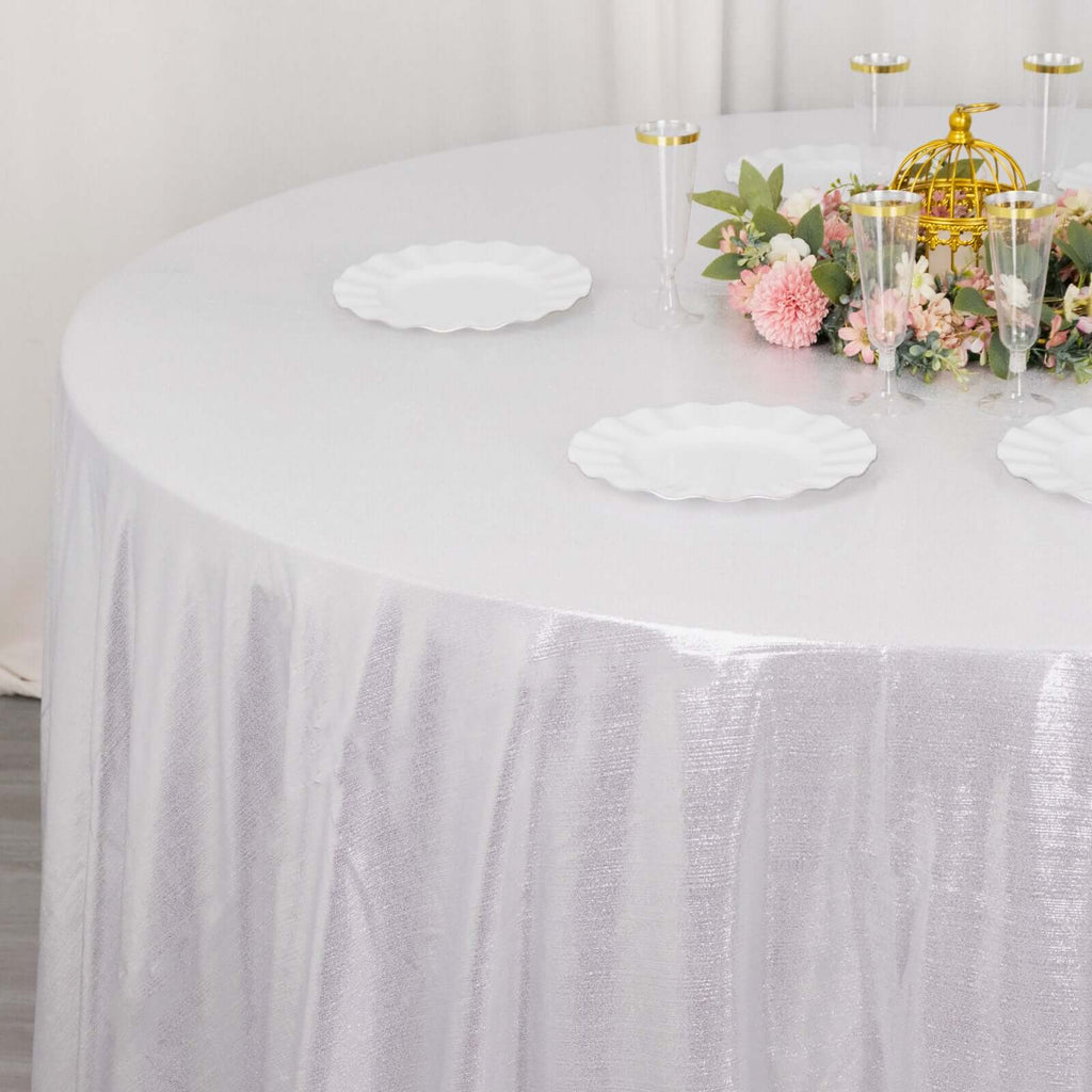 Sequin Dots Polyester Round 120" Tablecloth Shimmering Silver - Wrinkle Free & Sparkling Table Cover - Bell Racket Store