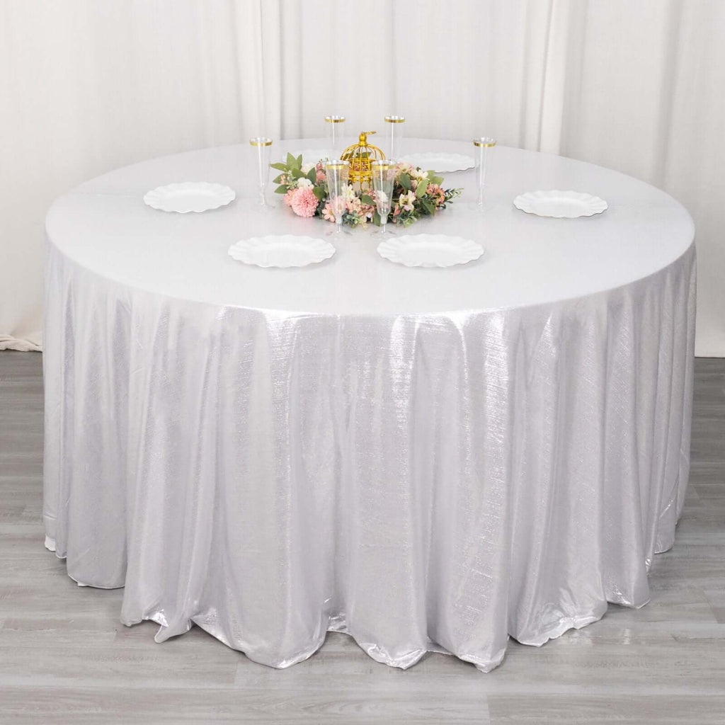 Sequin Dots Polyester Round 120" Tablecloth Shimmering Silver - Wrinkle Free & Sparkling Table Cover - Bell Racket Store