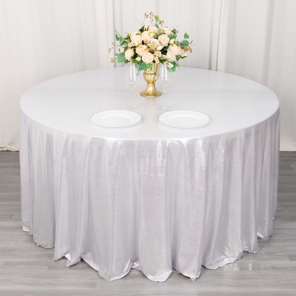 Sequin Dots Polyester Round 120" Tablecloth Shimmering Silver - Wrinkle Free & Sparkling Table Cover - Bell Racket Store