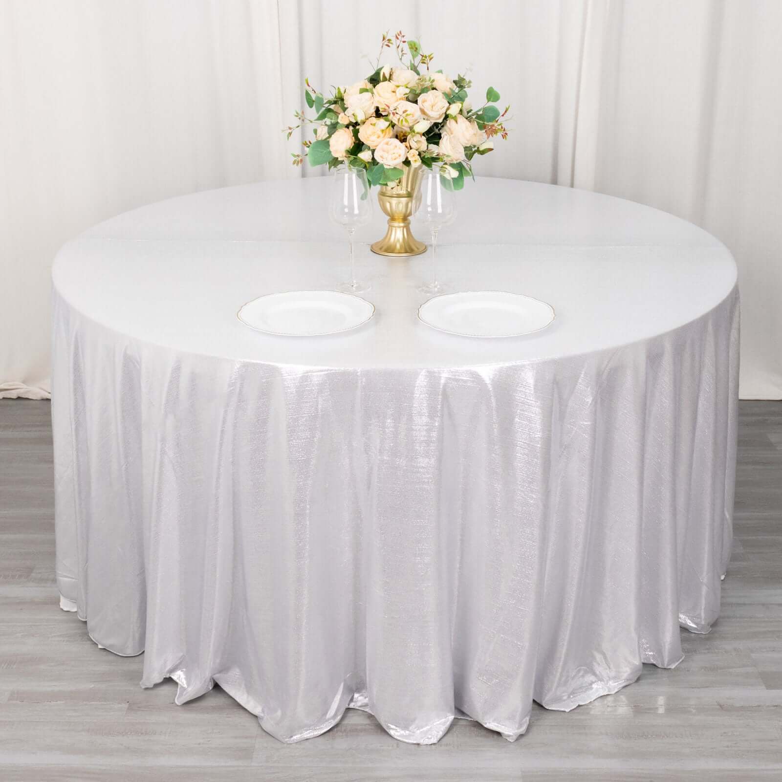 Sequin Dots Polyester Round 120" Tablecloth Shimmering Silver - Wrinkle Free & Sparkling Table Cover - Bell Racket Store