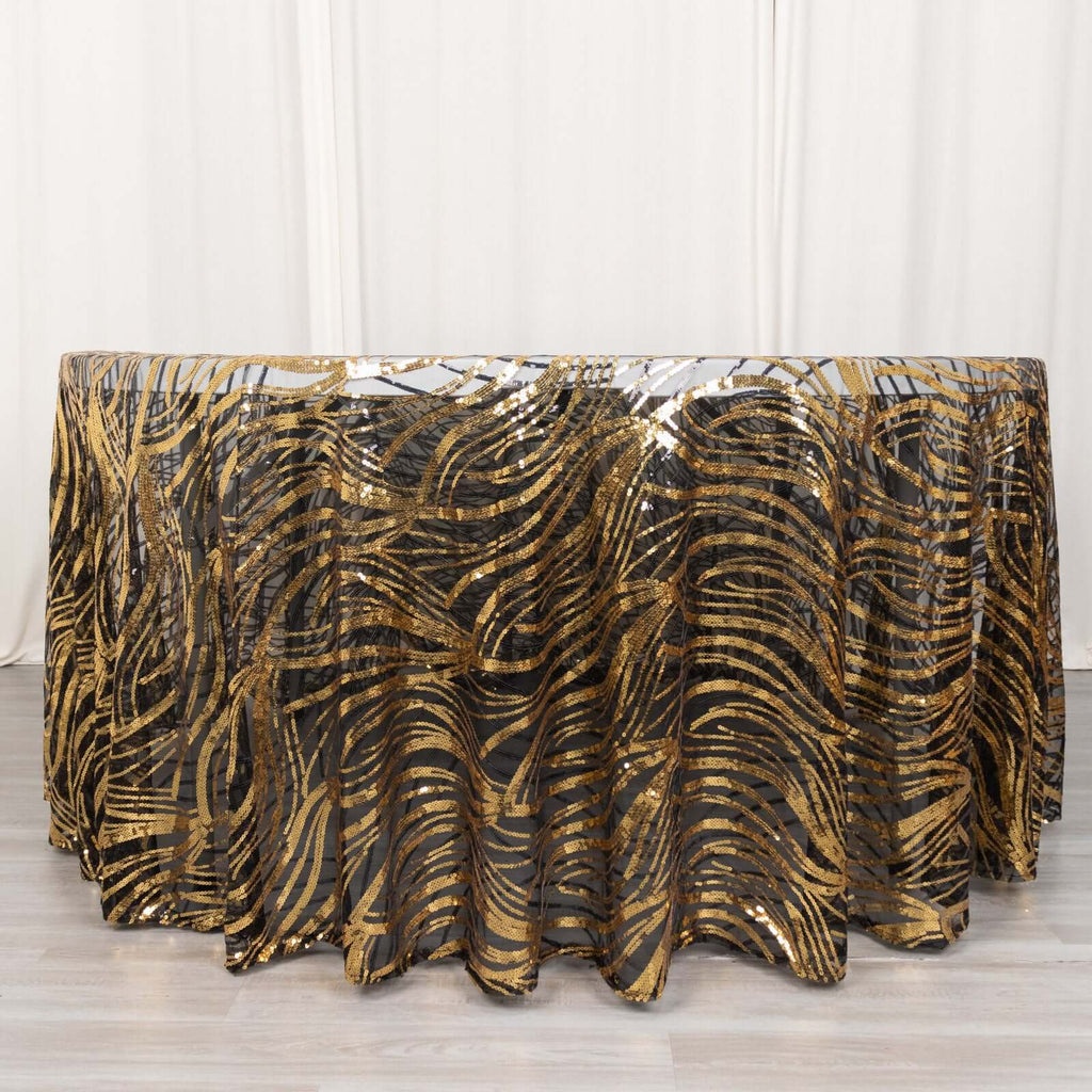 Sequin Mesh 120" Round Tablecloth Black/Gold - Seamless Wave Embroidered Table Cover - Bell Racket Store