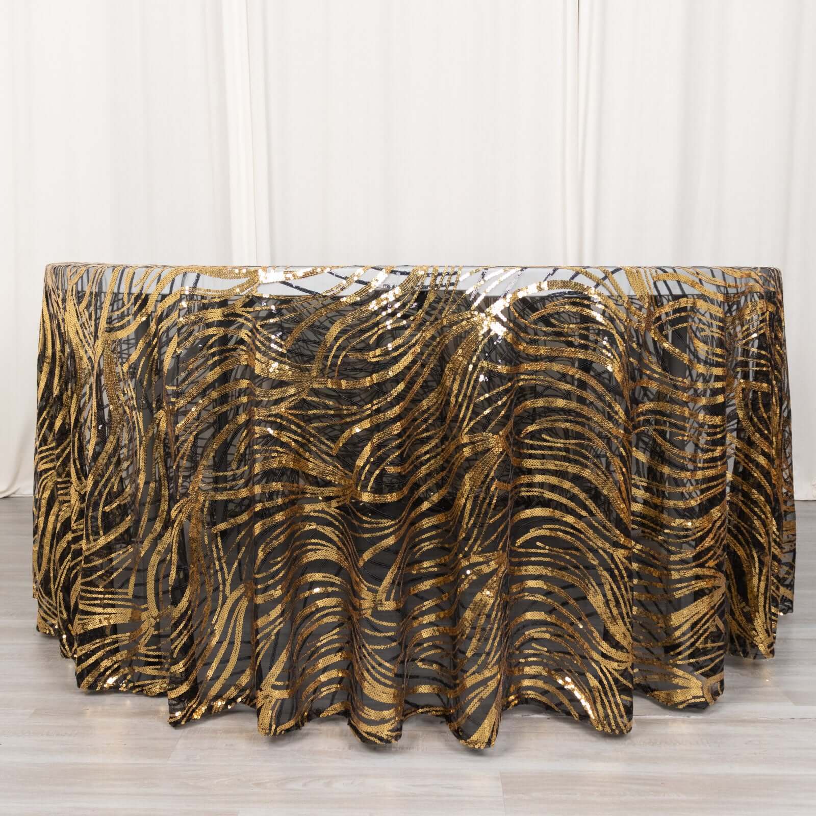 Sequin Mesh 120" Round Tablecloth Black/Gold - Seamless Wave Embroidered Table Cover - Bell Racket Store