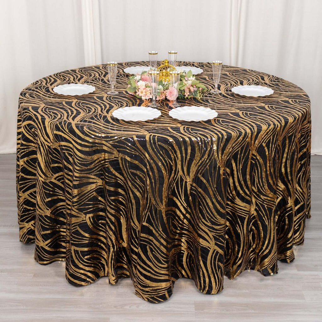 Sequin Mesh 120" Round Tablecloth Black/Gold - Seamless Wave Embroidered Table Cover - Bell Racket Store