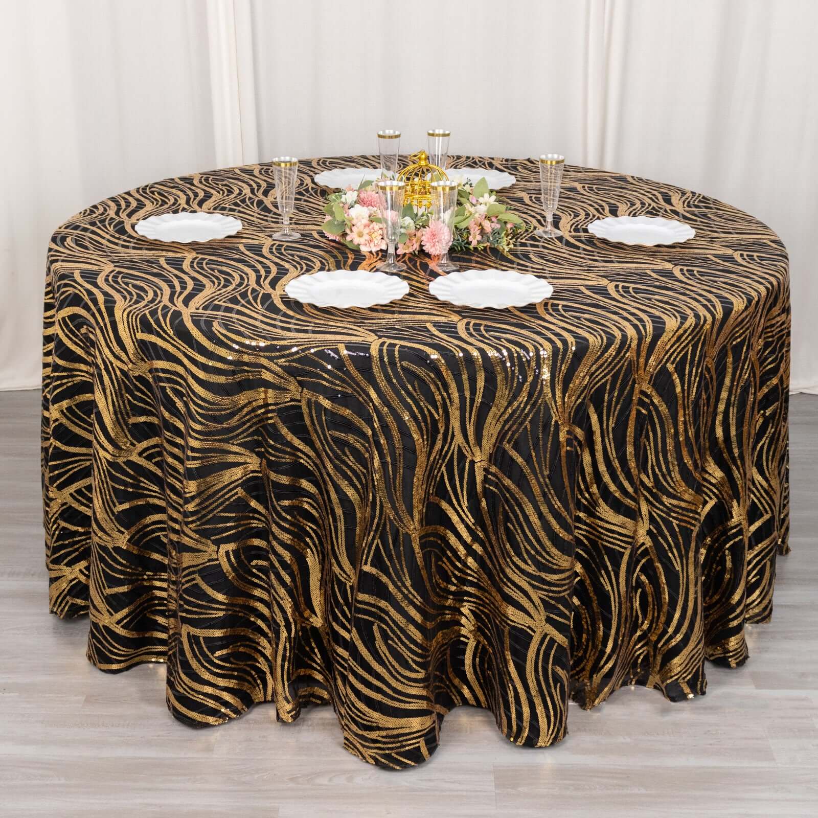 Sequin Mesh 120" Round Tablecloth Black/Gold - Seamless Wave Embroidered Table Cover - Bell Racket Store
