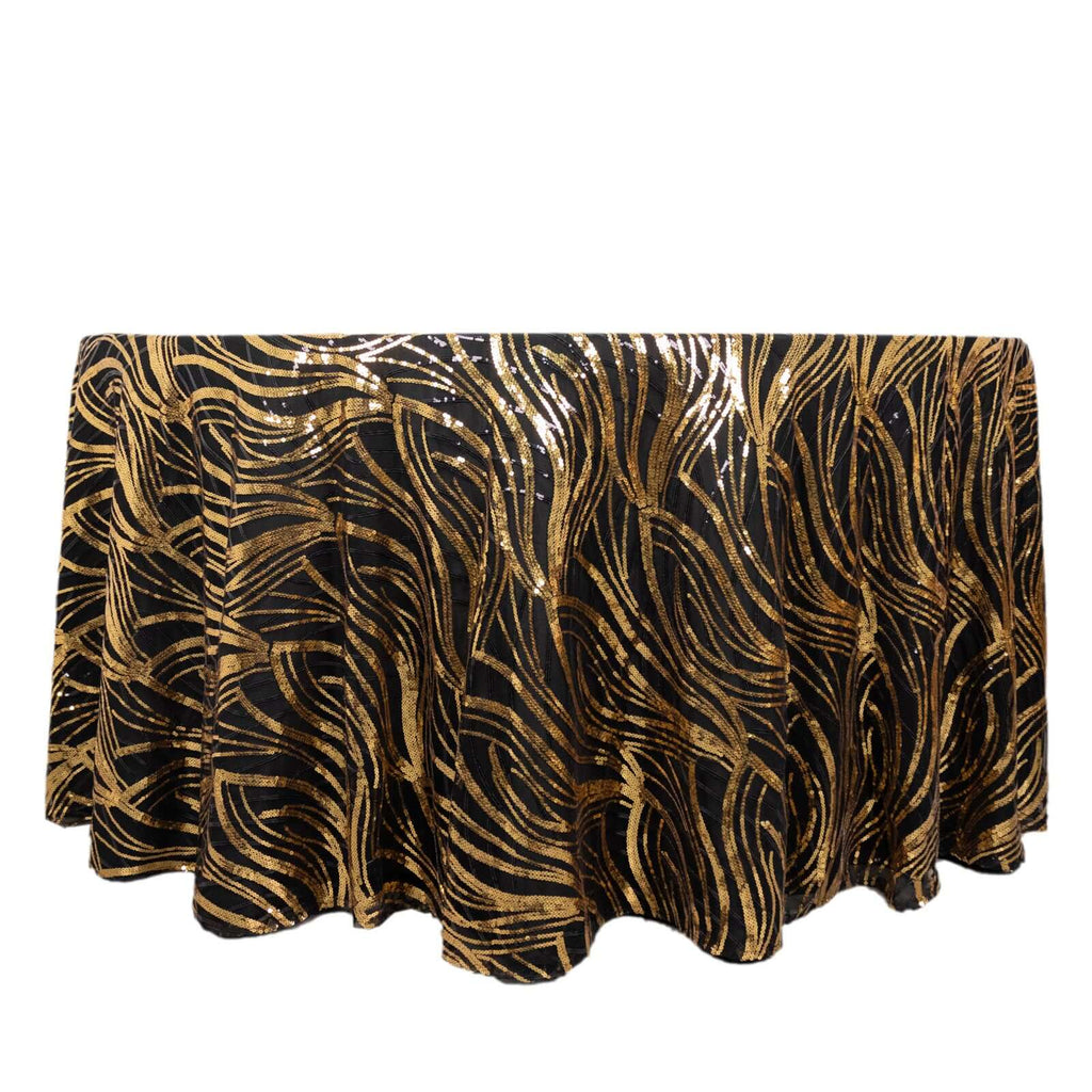 Sequin Mesh 120" Round Tablecloth Black/Gold - Seamless Wave Embroidered Table Cover - Bell Racket Store