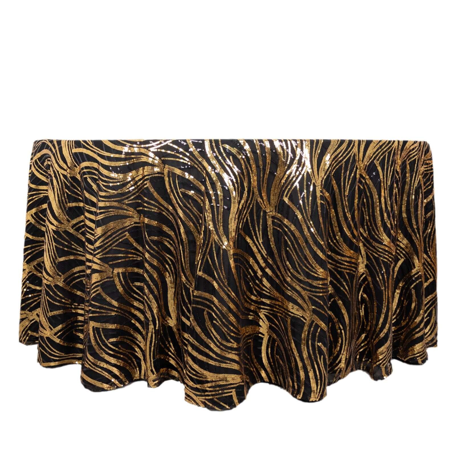 Sequin Mesh 120" Round Tablecloth Black/Gold - Seamless Wave Embroidered Table Cover - Bell Racket Store