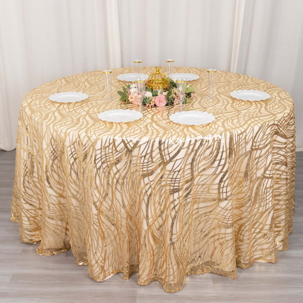 Sequin Mesh 120" Round Tablecloth Champagne - Seamless Wave Embroidered Table Cover - Bell Racket Store