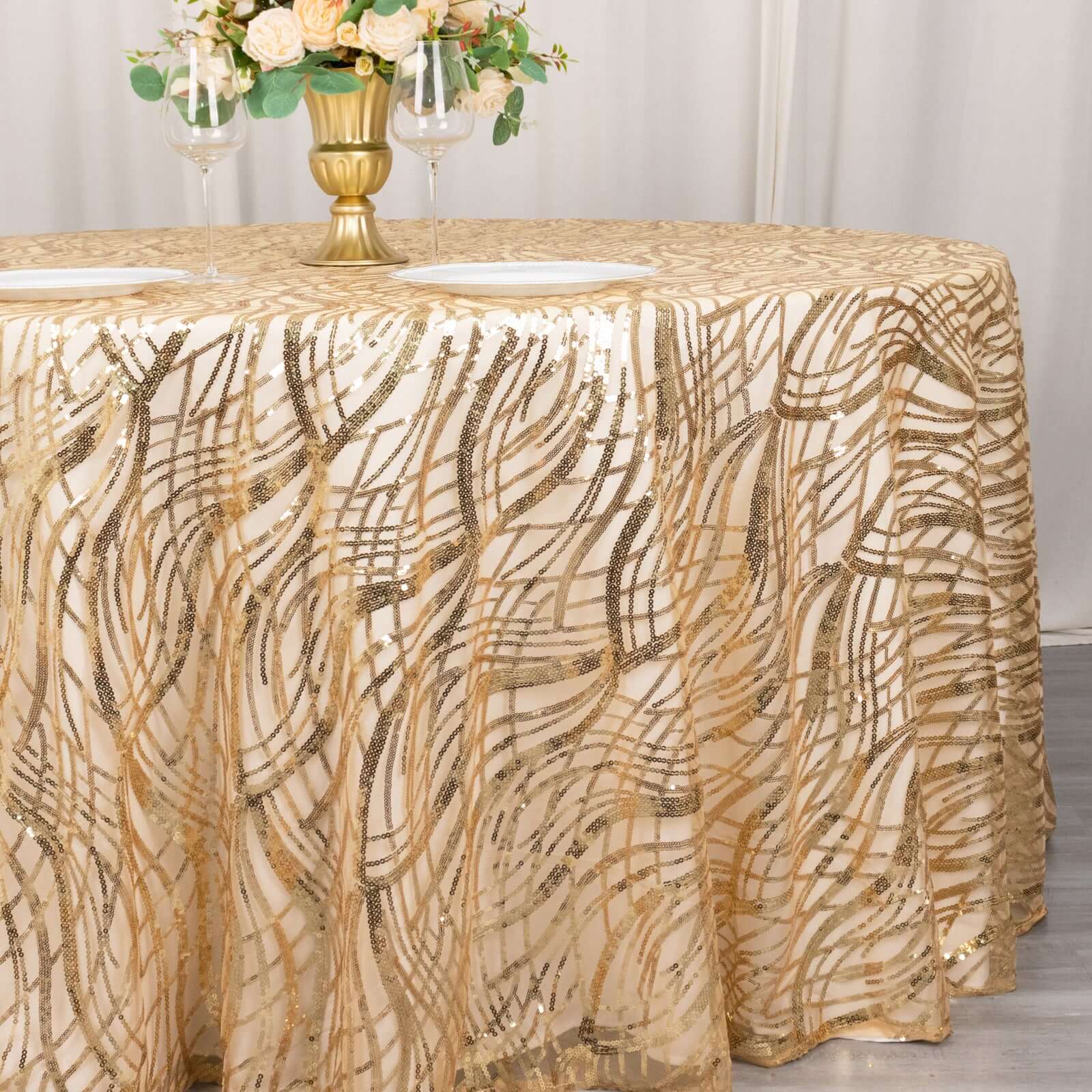 Sequin Mesh 120" Round Tablecloth Champagne - Seamless Wave Embroidered Table Cover - Bell Racket Store