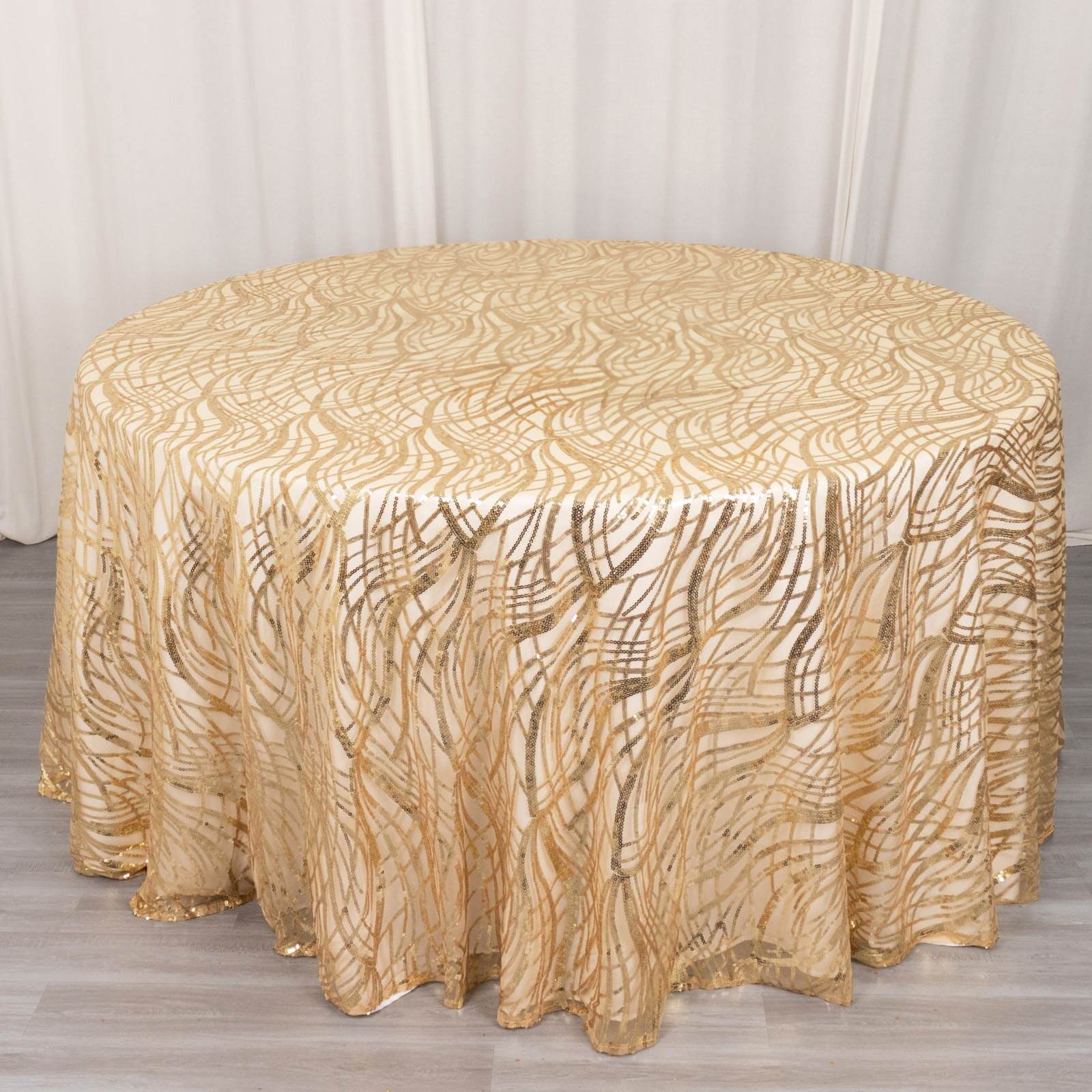 Sequin Mesh 120" Round Tablecloth Champagne - Seamless Wave Embroidered Table Cover - Bell Racket Store