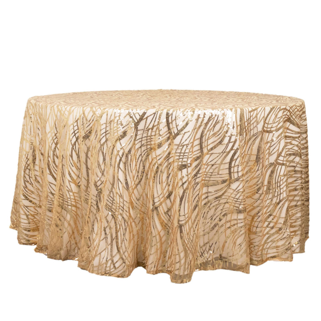 Sequin Mesh 120" Round Tablecloth Champagne - Seamless Wave Embroidered Table Cover - Bell Racket Store