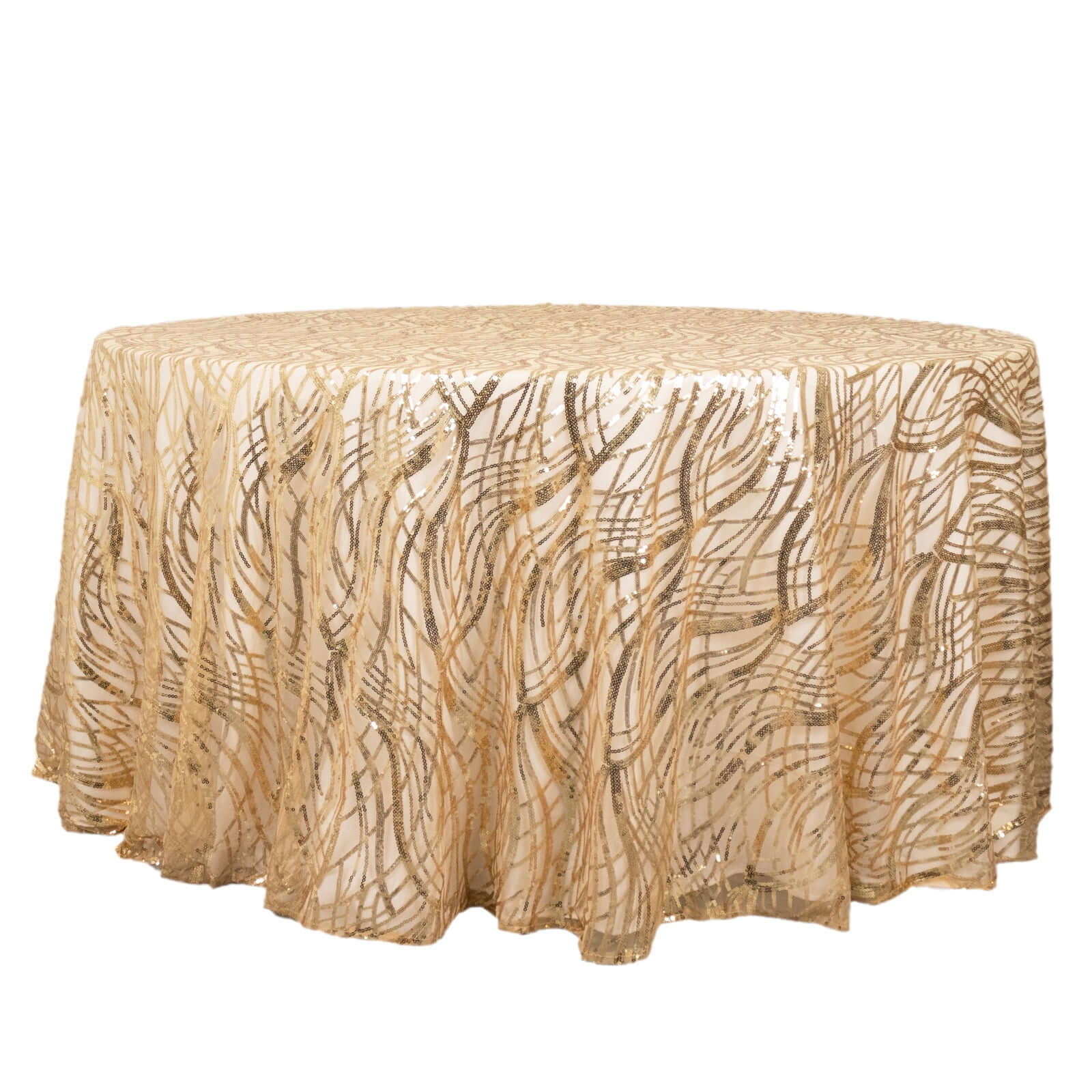 Sequin Mesh 120" Round Tablecloth Champagne - Seamless Wave Embroidered Table Cover - Bell Racket Store