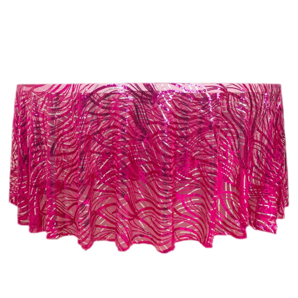 Sequin Mesh 120" Round Tablecloth Fuchsia/Silver - Seamless Wave Embroidered Table Cover - Bell Racket Store