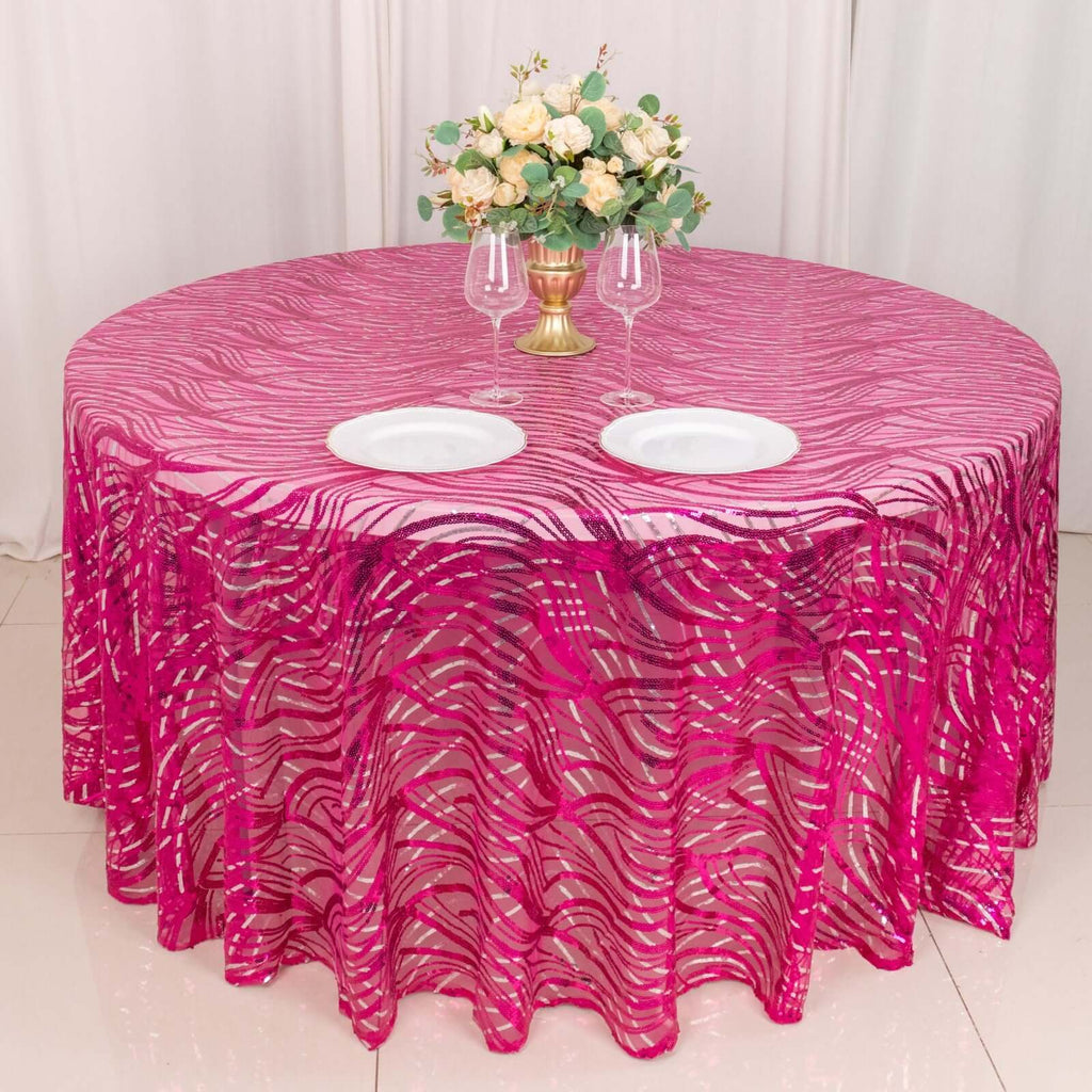 Sequin Mesh 120" Round Tablecloth Fuchsia/Silver - Seamless Wave Embroidered Table Cover - Bell Racket Store
