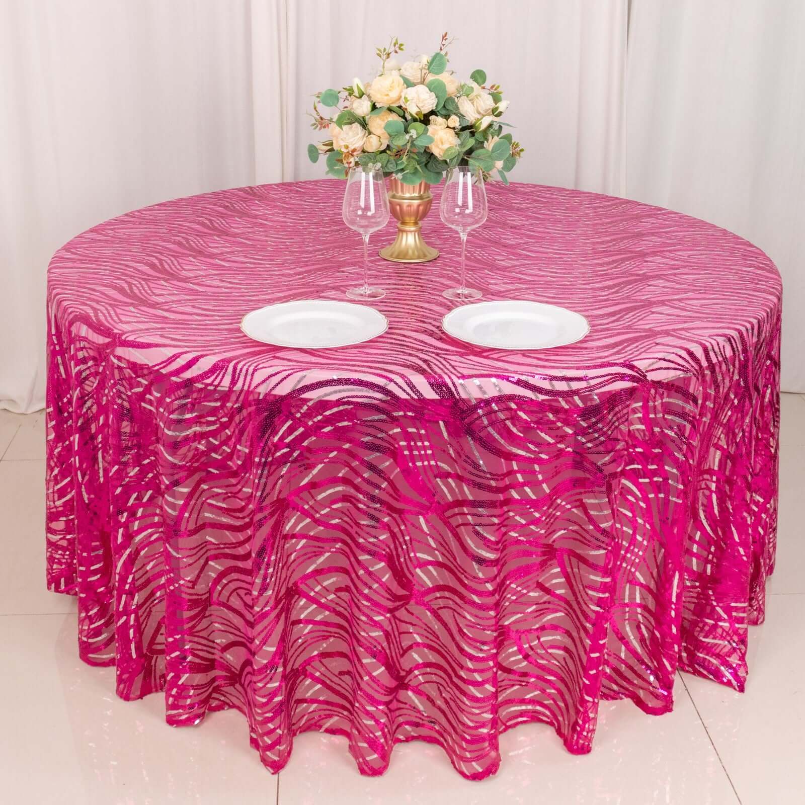Sequin Mesh 120" Round Tablecloth Fuchsia/Silver - Seamless Wave Embroidered Table Cover - Bell Racket Store