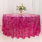 Sequin Mesh 120" Round Tablecloth Fuchsia/Silver - Seamless Wave Embroidered Table Cover - Bell Racket Store