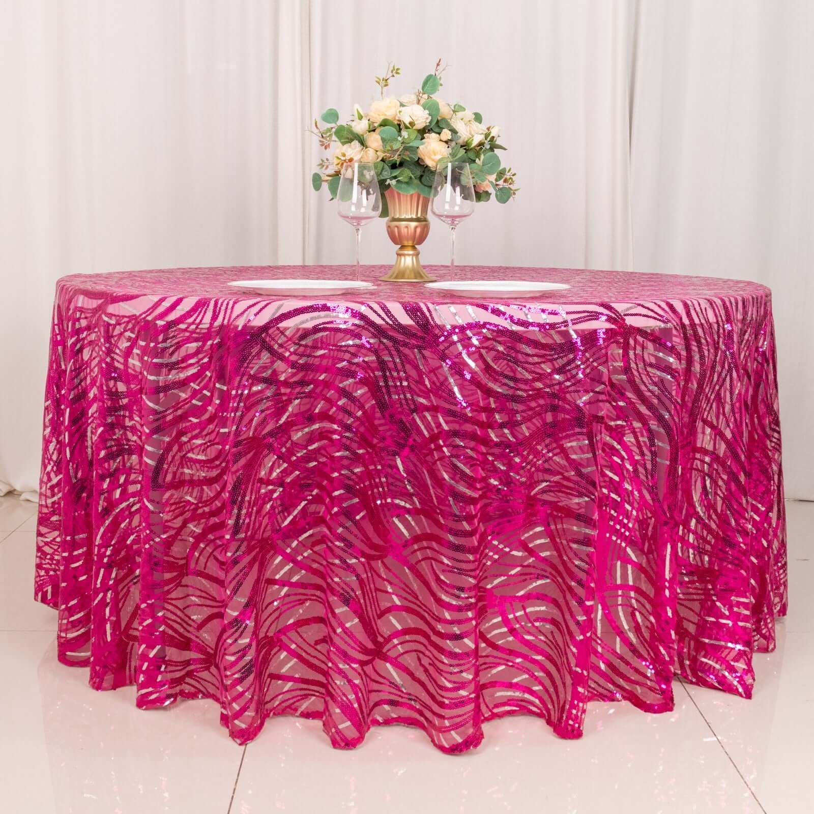 Sequin Mesh 120" Round Tablecloth Fuchsia/Silver - Seamless Wave Embroidered Table Cover - Bell Racket Store