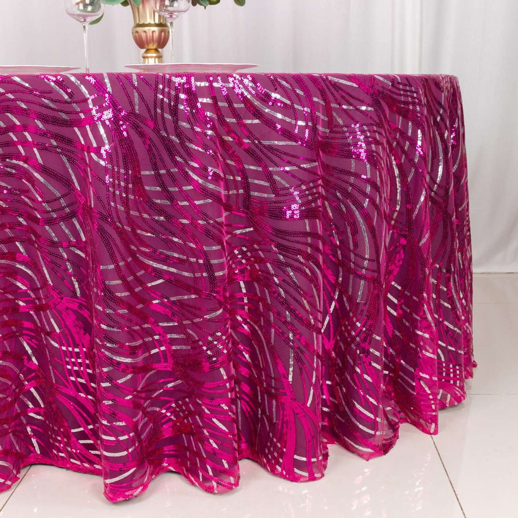 Sequin Mesh 120" Round Tablecloth Fuchsia/Silver - Seamless Wave Embroidered Table Cover - Bell Racket Store